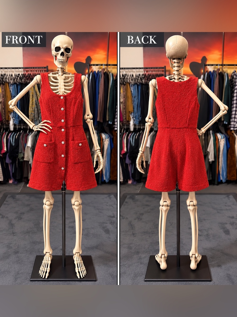Taylor Red Sleeveless Tweed Romper with Pearl Buttons and Patch Pockets